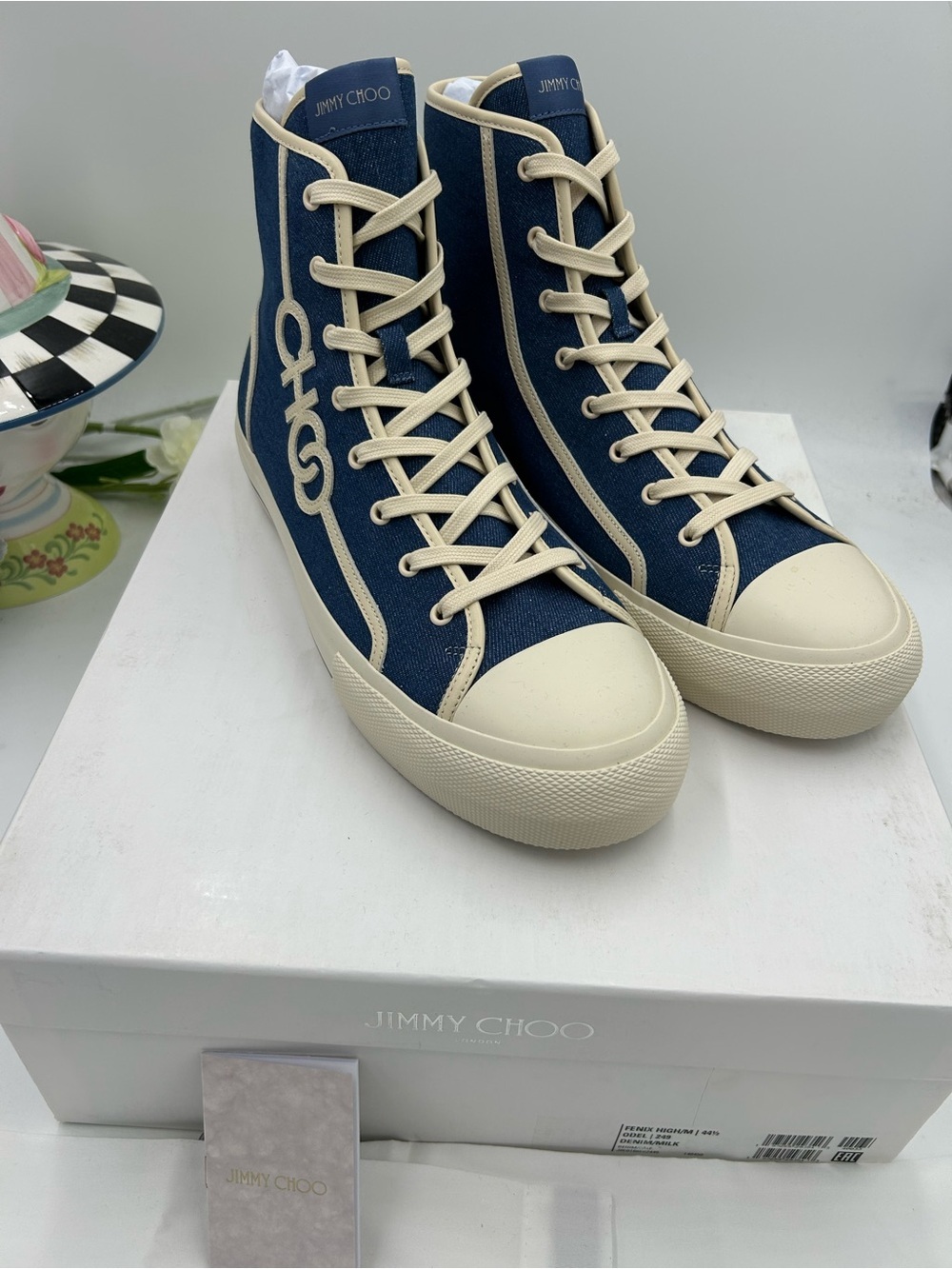 Men's Jimmy Choo FENIX denim high top logo sneakers size 44.5